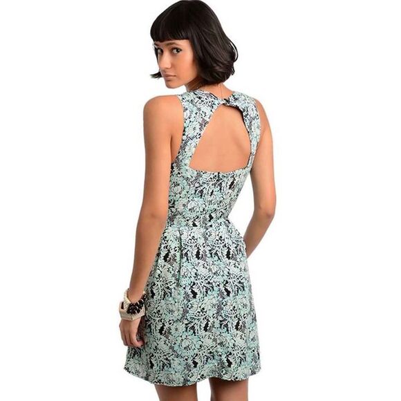 Mint Green & Black Floral Pattern Sleeveless Dress - Picture 8 of 8